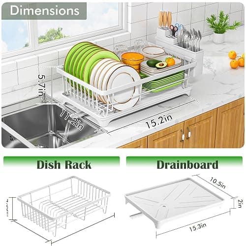 Kmiectse Dish Drying Rack for Small Kitchen Counter with Utensil Holder | Space Saving, Rust Resistant, Quick Drainage Dish Rack, Compact Dish Drainer Organizer for Home Kitchen, White thumbnail 5