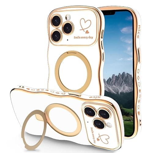 TKJSQ Case for iPhone 11 Pro Max with Magnetic Stand, Luxury Plating Curly Wavy Frame and Cute Heart Pattern, Lens Edge Raised Protection, Slim Shockproof Soft Case for iPhone 11 Pro Max-White - Image 1