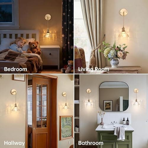 Shenmoyl Vintage Battery Operated wall sconces Set of 2, Wall Lamps with Clear Lily of the Shade Pattern Glass, Adjustable Chain Gold Wall Lights, sconces wall Decor for Stairway Living Room Doorway thumbnail 6