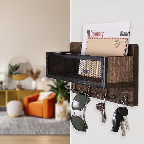 ADIIL Mail and Key Holder for Wall Decorative, Wooden Wall Mount Key Rack Hanger Organizer with 4 Double Key Hooks, Rustic Home Decor for Entryway Hallway, Brown thumbnail 2