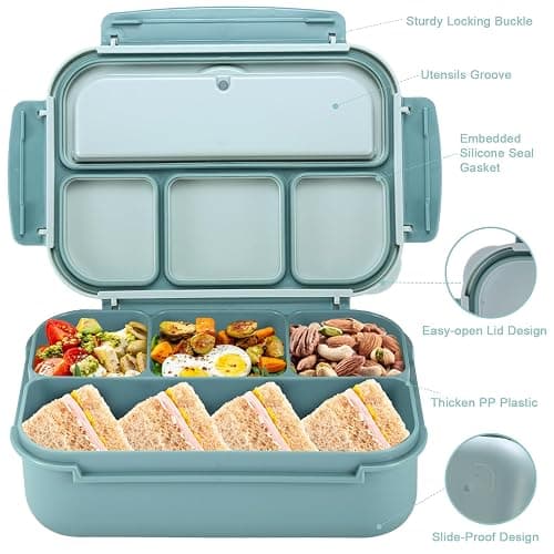 shell and turtle Bento Box Adult Lunch Box, Lunch Containers for Kids Girls Boys with 4 Compartments, Lunchable Food Container with Utensils, Sauce Jar, Muffin Liners, 40 Oz/5 Cup, Light Teal thumbnail 4