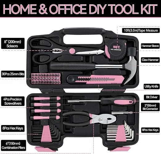 MARTCOLOR 58 Piece Household Tool Set, General Household Hand Tool Kit with Plastic Toolbox Storage Case, All Purpose Household Tool Kit for Women, Girls and Ladies, Pink thumbnail 2