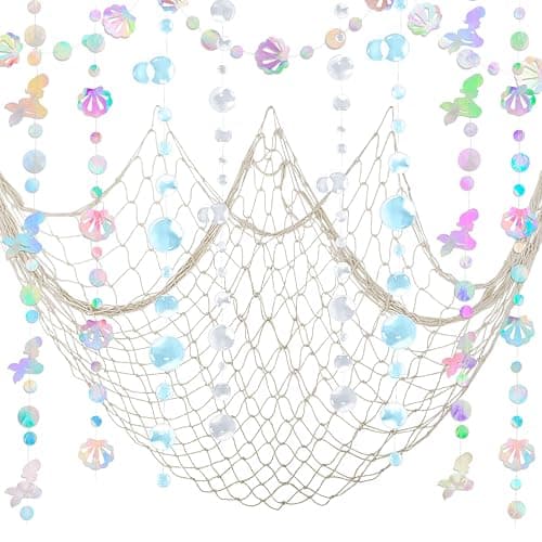 ZERODECO Mermaid Party Decorations - Iridescent Garland, Natural Fishnet and Bubble Garlands for Birthday, Pirate, Nautical, Under The Sea Theme - Image 1