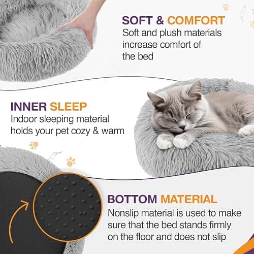 ELYF Plush Donut Cat Bed for Indoor Cats (50cm) - Calming Dog Bed Self-Warming Round Pet Cushion with Anti-Slip, Waterproof Base & Reversible Design, Machine Washable - Grey - Light Grey - 50 x 50 x 17 cm thumbnail 3