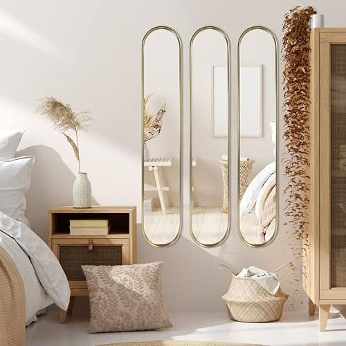 OUSHUAI Gold Tall Mirror,Narrow Capsule Long Mirrors with Metal Frame for Entryway,Hallway,Living Room 44"X8" (3pcs) thumbnail 5
