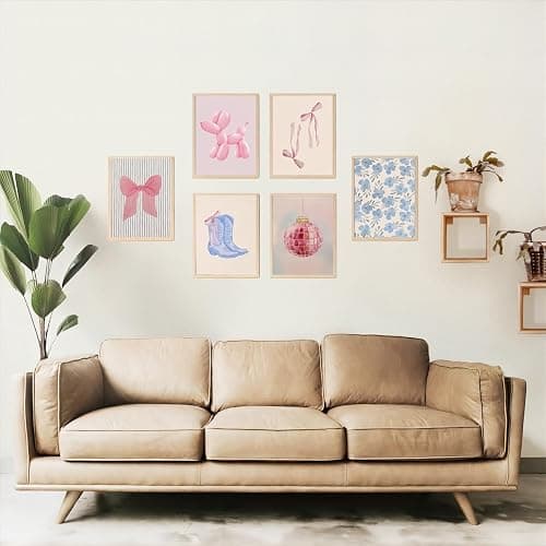Blue and Pink Preppy Poster Set of 6, Cute Coquette Bow Boots Wall Decor Aesthetic Coastal Canvas Prints Wall Art, Trendy Girls Dorm Decor Cute Pink Bows Wall Decor, for Bedroom Living Room Dorm Home Decor 8x10 Unframed thumbnail 4