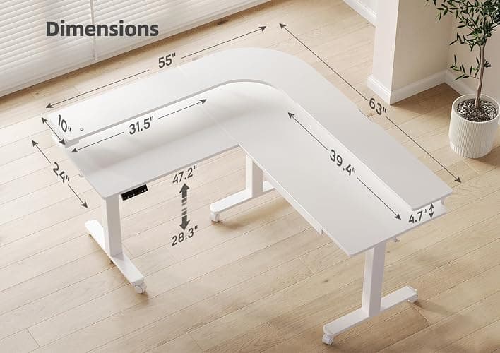 Claiks 63" L Shaped Standing Desk with Drawers and LED Lights, Height Adjustable Electric Corner Standing Desk with Monitor Stand & Power Outlet, 4 Memory Preset, White thumbnail 3
