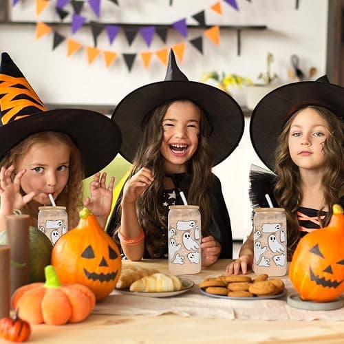 KMCCUMBER Halloween Ghost Fall Glass Cup with Lid Straw Gifts for Women | 16oz Ghost Fall Mug, Iced Coffee Glass Tumbler, Goth Teens girls Basket Stuffer for Halloween thumbnail 8