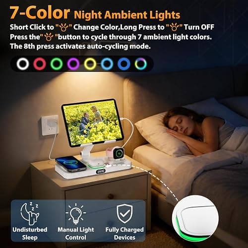 30W Charging Station for Apple Products, Foldable Wireless Charger with Clock Display&7 Color Light, Wired Charging for iPad/Tablet Charging Station for iPhone16, for Apple Watch10 for AirPods4(Cream thumbnail 4