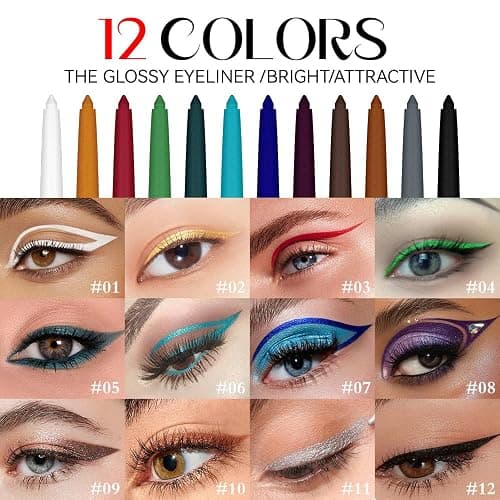 12 Colors Shimmer Eyeliner Pen Set, Waterproof, Long-Lasting, Glitter Eyeliner for Bold Eye Makeup, Metallic Glitter Finish, Eye Liner For Older Women, lapiz de ojos delineador de ojos contra el agua thumbnail 3