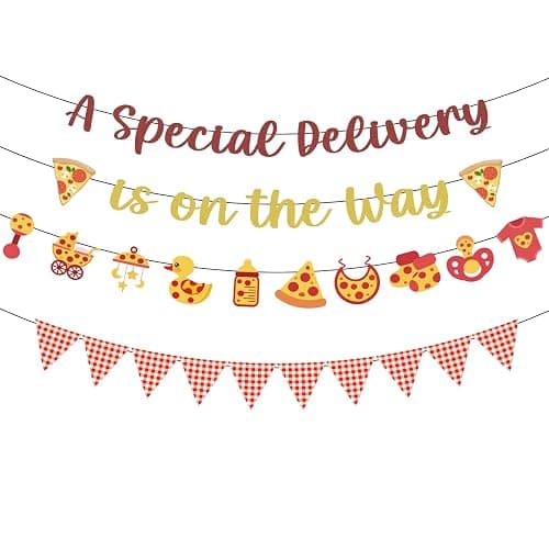 NOVBAUB Pizza Baby Shower Decorations Special Delivery is On The Way Banner | 4PCS Pizza Special Delivery Baby Shower Garland, Pre-Assembly, Gender Reveal Party Supplies, Fast Food Theme - Image 1