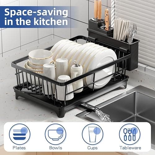 PurKeep Dish Drainer Rack - Space-Saving Dish Rack with Utensil Holder for Kitchen Counter, Large Capacity Dish Drying Rack with Draining Board, Black thumbnail 3