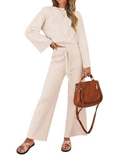 ZESICA Women's 2 Piece Outfits Set 2025 Casual Long Sleeve Knit Pullover Top and Wide Leg Pants Sweatsuit Lounge Sets - Image 1