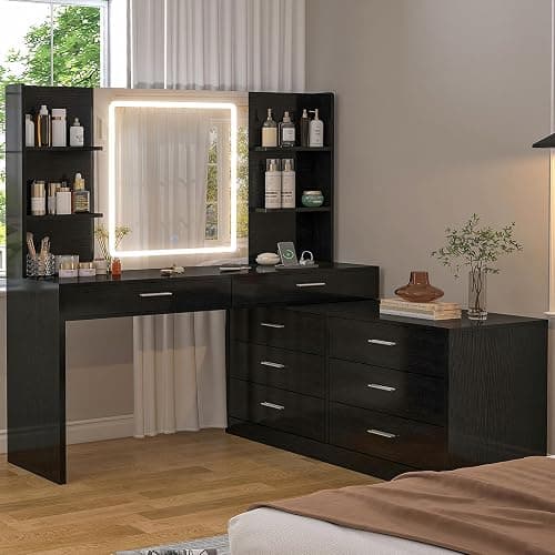 FIONESO Vanity Desk with LED Light Mirror & Power Outlet, 8 Drawers, 6 Storage Shelves, 3 Color Modes & Adjustable Brightness Makeup Vanity, Corner Vanity, L Shape Vanity, 39.4”-64.9" Desk, Black thumbnail 3