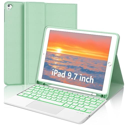 for iPad Keyboard case 9.7 inch, iPad 6th Gen (2018), iPad 5th Gen (2017), iPad Air 2 (2014), Multi-Touch Trackpad, Detachable Backlit Folio Keyboard Slim Cover with Pencil Holder,Green - Image 1