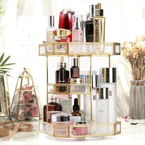 ZOOFOX 360 Degree Rotating Glass Makeup Organizer, Large Cosmetics Storage Display Holder with Gold Trim for Vanity, Clear Makeup Carousel for Perfume, Cosmetics, Brushes, Lotion, Lipsticks thumbnail 6