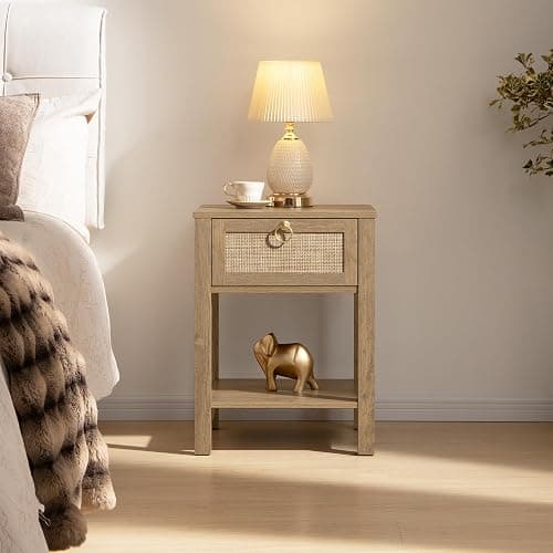 SICOTAS Rattan Nightstand Set of 2, Rattan Decor Drawer with Brass Knobs Night Stand Bedside Table Boho End Tables Side Tables with Storage Shelf for Bedroom,Small Space thumbnail 5