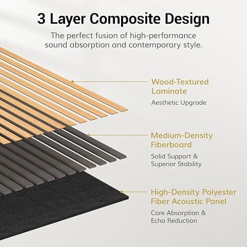 TONOR Wooden Acoustic Wall Panels, 2 Pack 120 x 60 cm (1,44m²) Wood Panels for Walls as Sound Proofing Panels, Slat Wood Panelling for Decorative Wall Panels, Living Room, Bedroom, Office, Natural Oak thumbnail 3