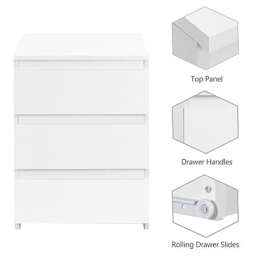 Yaheetech Nightstand with 3 Drawers, Wooden Bedside Table with Storage, Small Bedside Storage Cabinet Unit with Sturdy Base for Bedroom/Small Space, White thumbnail 6