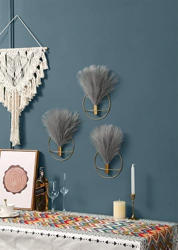 Pretty Jolly Boho Wall Decor, Wall-Mounted Metal Art, Hanging Artificial Pampas Display, Living Room, Bedroom, Bathroom, Diningroom, Fake Faux Plant 2 Pack Black Brown thumbnail 6
