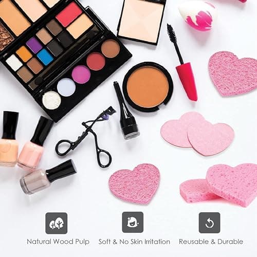 60-Count Compressed Facial Sponges, 100% Natural Cosmetic Spa Sponges for Facial Cleansing, Exfoliating Mask (Pink Heart) - Pink Heart thumbnail 5