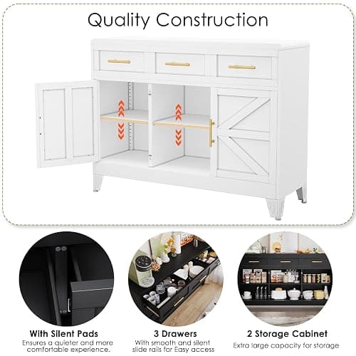 Sideboard Buffet Cabinet with Drawers, White 47.2" Large Sideboard Cabinet with Doors & Adjustable Shelves, Modern Farmhouse Coffee Bar Console Table, Coffee Bar for Kitchen, Dining Room thumbnail 4