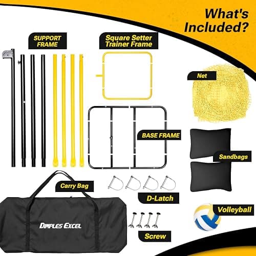 Dimples Excel 10.5 FT Adjustable Volleyball Setter Training Net with 3 Height Levels and 5 Ball Return Angles (70°–180°), Includes Volleyball, Pump, Carry Bag & Sandbags for Indoor/Outdoor Practice thumbnail 7