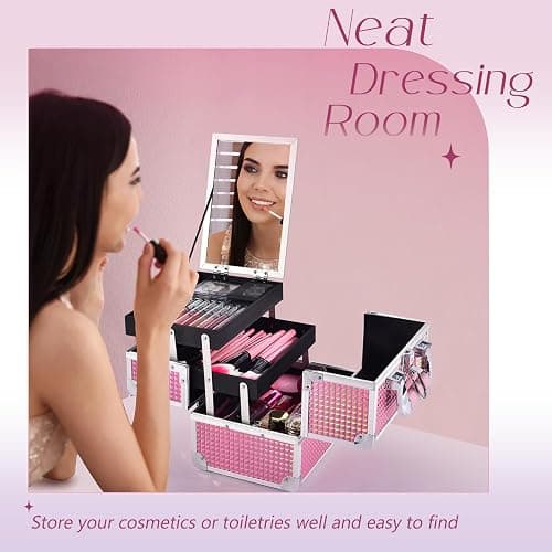Joligrace Makeup Train Case Makeup Case Organizer Portable Cosmetic Box Storage with 2 Trays Mirror Locking Make Up Travel Case for Nail Kits Cosmetics Craft Traveling Makeup Box Mermaid Pink thumbnail 6
