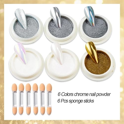 6 Colors Chrome Nail Powder,Gold Silver Super Metallic Effect Chrome Powder for Nails,Holographic Mirror Glitter White Pearl Pigment Dust Kit for Gel Polish Nail Art Decoration Manicure Nail Supplies thumbnail 2