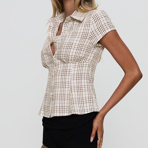 Women Fashion Plaid Button Up Shirt Short-Sleeve Lapel Collar Blouse Shirts Y2K Summer Casual Going Out Tops thumbnail 4