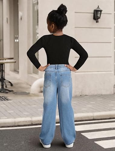 Fulihug Jeans for Girls Baggy Wide Leg Cute Bow High Elastic Waisted Denim Pants Y2K Boyfriend Skater Streetwear 7-14Y thumbnail 6