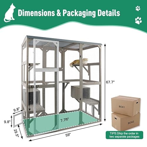 PetsCosset Outdoor Cat Catio Enclosures Large Wooden Cat House Patio for Indoor Cats Feral Cat Shelter with 2 Espace Doors, 2 Resting Rooms, 5 Platforms, Removable Waterproof Cover 67.7" H - 67.7"H Cat Catio thumbnail 6