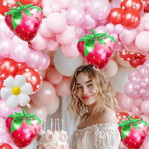 Strawberry Balloon Garland Berry First Birthday Party Decorations Pink Red Balloon Arch Ideal for Berry Sweet Themed Celebrations, Sweet Girl Baby Showers，Strawberry and Pastel Daisy Party Supplies thumbnail 5