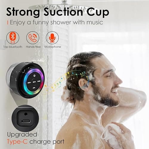XLeader Shower Speaker, Upgraded,Certified IPX7 Waterproof, Mini Bluetooth Wireless Small Speaker with Lights, Suction Cup and Mic for Bathroom, Crystal Sound&Bass,12H Playtime, Ideal Electronic Gifts thumbnail 4