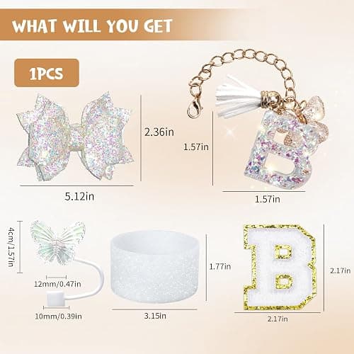 Liangang 7PCS White Cup Accessories Set For Stanley 30oz 40oz,Including Boot,Spill Proof Stopper,Butterfly Straw Cover,Sticker Letter,Letter Charms (white B) thumbnail 3