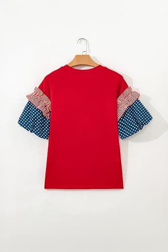 Women's Stars and Stripes Blouses Short Puff Sleeve Round Neck Colorblock Shirts Dressy Casual Tops thumbnail 5