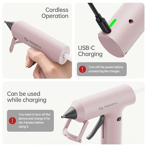 Tilswall Cordless Hot Glue Gun, Fast Preheating, Glue Gun and Sticks Set with 2Ah USB-C Rechargeable, 20 Premium Glue Sticks(7×140mm）, Compact Size Ideal for Crafts, DIY Making, Repairs W106s Pink thumbnail 4