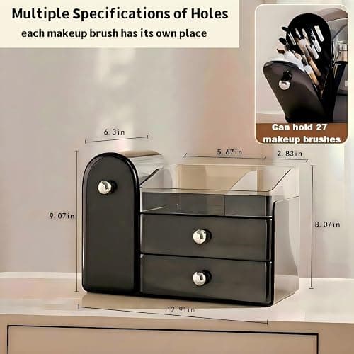 RONGZHIERK Makeup Organizer for Vanity with Covered Brush Holder，Bathroom Organizers with Drawer，Skin Care Organizer，Makeup Organizers for Vanity with Drawer，Large Makeup Storage for Dresser, Black thumbnail 2