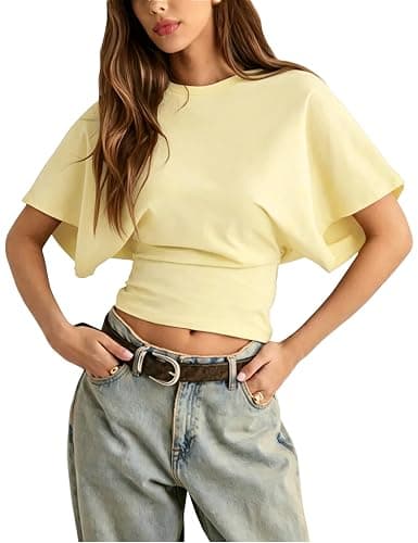 Lumister Shirts for Womens Crewneck Tighten Waist T-Shirt Casual Short Sleeve Workout Tops Solid Color Basic Tees - Image 1