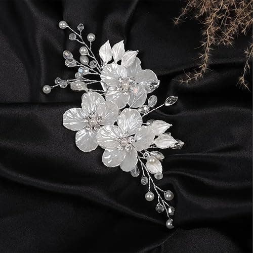 3 PCS Large Flower Bridal Wedding Hair Pins Crystal Pearl Hair Clips Headpiece Bride Hair Accessories Jewelry with Rhinestone, Glitter Emboss White Flower thumbnail 4