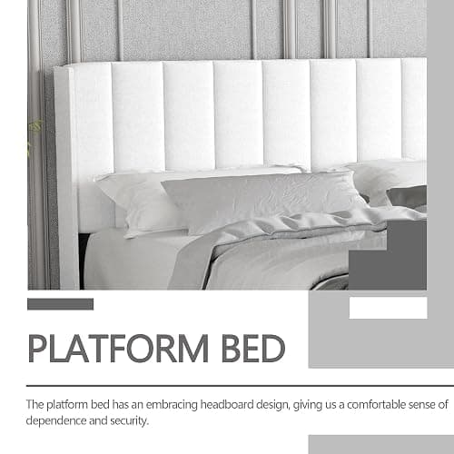 Zoophyter Full Size Bed Frame with Linen Upholstered Headboard, White | Linen Platform Bed, Heavy Duty Wooden Slats Support, 7.48" Under-Bed Storage, No Box Spring Needed, Easy Assembly thumbnail 6
