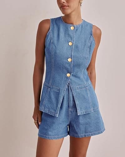 Kedera Women's Button Down Denim Vest Sleeveless Tank Tops Crew Neck Slim Fit Jean Jacket Waistcoat with Pockets thumbnail 3