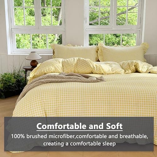 NSNLGSGC Yellow Gingham Ruffle Duvet Cover Twin Size, 2 Pieces Soft Pre-Washed Microfiber Checked Plaid Comforter Cover Set, Vintage Farmhouse Bedding Set(Yellow Gingham, Twin 68"x90") thumbnail 4