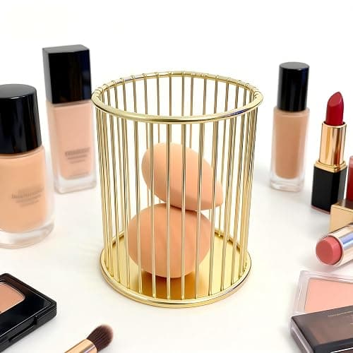 JESANWOO Gold Metal Pen Holder with Open-Grid Design – Stainless Steel Desk Organizer for Pens, Makeup Brushes & Pencils – Breathable, Rustproof, 3x3x3.9 Inch – Home Office, Vanity & Bathroom thumbnail 2