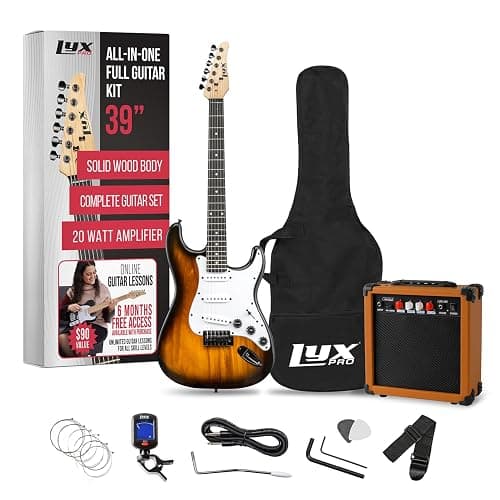 LyxPro Full Size Electric Guitar with 20w Amp, Package Includes All Accessories, Digital Tuner, Strings, Picks, Tremolo Bar, Shoulder Strap, and Case Bag Complete Beginner Starter kit Pack,Sunburst - Image 1