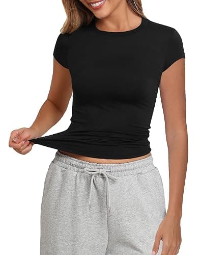 PALINDA Women's Short Sleeve Crew Neck Fitted Shirts Basic Casual Stretchy T Shirt Workout Tops - Image 1