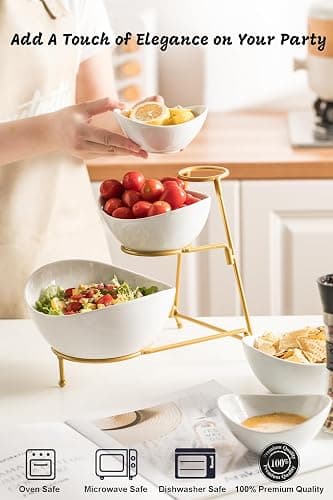 LAUCHUH 3 Tier Serving Stand Serving Dishes for Entertaining Porcelain Oval Bowl Set Tiered Serving Tray for Fruit, Vegetable, Nuts, Salad, Chip Dip Bowl Set for Father's Day, Gold thumbnail 4