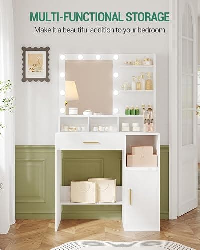 Hzuaneri Vanity Desk with Mirror and 10 LED Lights, Makeup Vanity with 3 Shelves & 4 Open Compartments, Dressing Table with Large Drawer & Cabinet, 3 Adjustable Lighting Brightness, White VT08103XCA thumbnail 6
