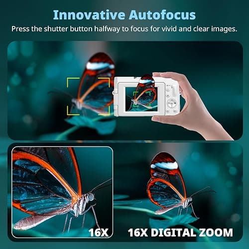 4K Digital Camera for Photography, UHD Autofocus 48MP 180° Flip Screen 16X Zoom Compact Point Shoot Vlogging Camera for YouTube with 2 Batteries, 32GB Card (White) - White thumbnail 4