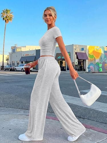Trendy Queen 2 Piece Matching Summer Lounge Set Womens Side Ruching Top Wide Leg Pants Sets with Pockets thumbnail 3